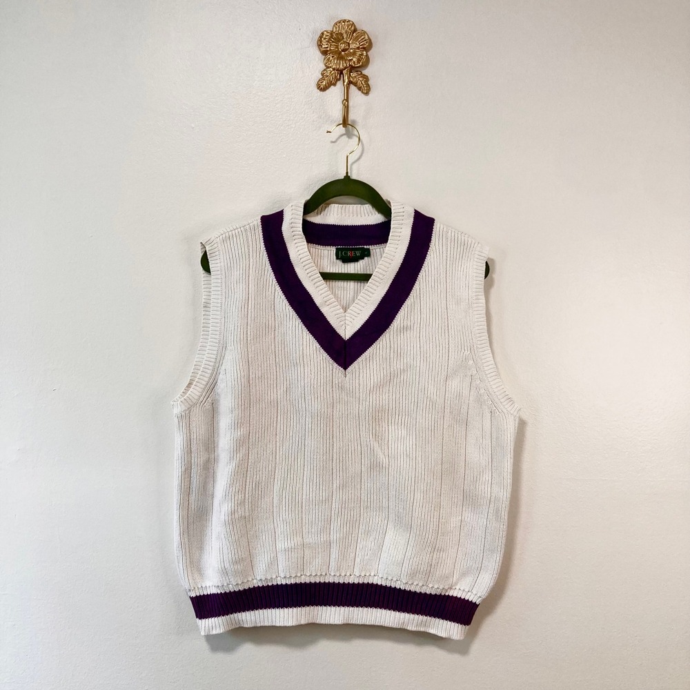J.Crew White Purple Trim V-Neck Chunky Knit Sweater Vest L Preppy Academic